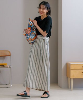 23区 【洗える】リネンストライプ Aライン スカート ベージュストライプ