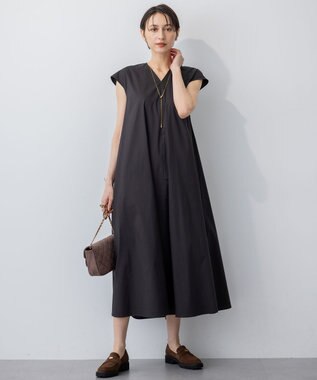 23区 L 【接触冷感/撥水加工/洗える】ストレッチブロード Vネックワンピース ブラック系