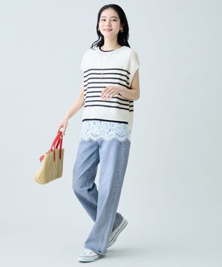 ANY L ラミータッチフレンチスリーブニット エクリュ×ネイビー
