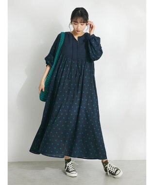 CRAFT STANDARD BOUTIQUE インド綿混キルト切替花柄ワンピース Navy