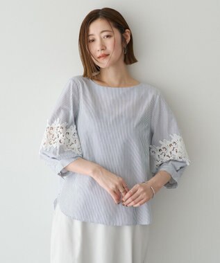 YECCA VECCA ストライプ柄レース切替ブラウス Off White
