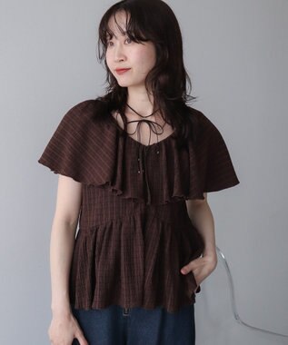 earth music&ecology チェックラッフルカラーペプラムカットブラウス