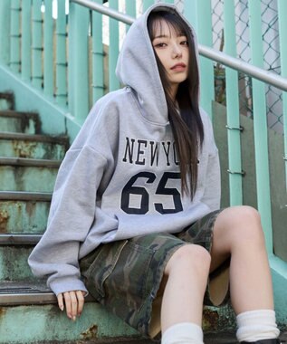 WEGO 裏起毛グラフィックビッグプルパーカー 杢グレー