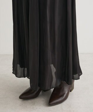 Green Parks シャイニーサテンセルフプリーツギャザーフレアスカート Black