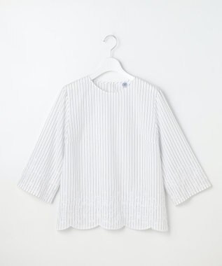 J.PRESS LADIES S ストライプ×エンブロイダリー クルーネック ブラウス ホワイト×ネイビー系