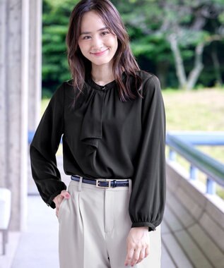 Tiaclasse L 【洗える】【スマート裏起毛】ジョーゼットフリルブラウス ブラック