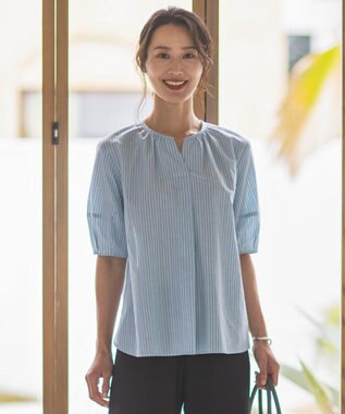 J.PRESS LADIES 【洗える】BEZ空羽ストライプ クルーネック V開き ブラウス シーブルー系1