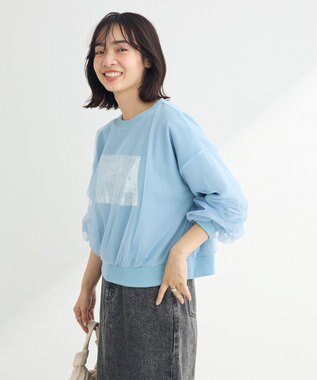 Green Parks 箔プリントチュール重ねプルオーバー Sax