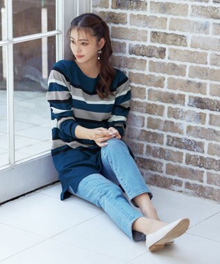 Tiaclasse 【洗える】マルチボーダーニットチュニック ターコイズ