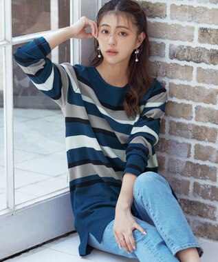 Tiaclasse 【洗える】マルチボーダーニットチュニック ターコイズ