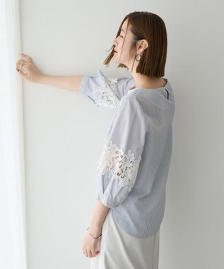 YECCA VECCA ストライプ柄レース切替ブラウス Off White