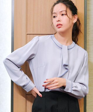 Tiaclasse 【2WAY・洗える】取り外し可能な​配色パイピングボウタイブラウス グレー