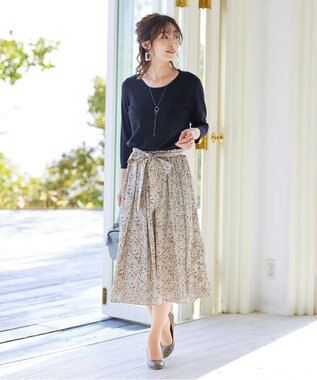 Tiaclasse 【洗える】異素材を組み合わせた花柄ドッキングワンピース ネイビー