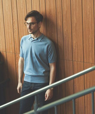 GOTAIRIKU 【和紙＆綿 】二ット スキッパーポロシャツ ダルブルー系