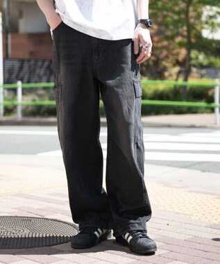 WEGO 【SMLサイズ展開/ウエスト紐】イージー3Dバレルレッグデニムカーゴパンツ デニムブラックソノタ