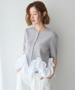 YECCA VECCA パール釦ラッフル5分袖カーディガン