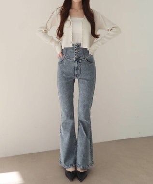 WEGO 【ストレッチ/美脚/脚長シルエット/XSSMサイズ展開】ハイウエストストレッチフレアデニムパンツ デニム中濃加工色