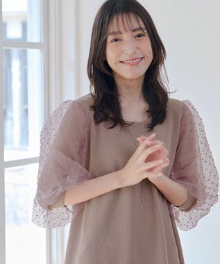 Tiaclasse L 【洗える】ドットチュールニットチュニック ピンクモカ