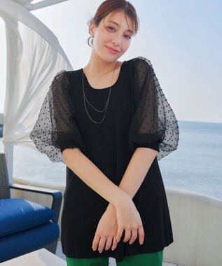 Tiaclasse L 【洗える】ドットチュールニットチュニック ブラック