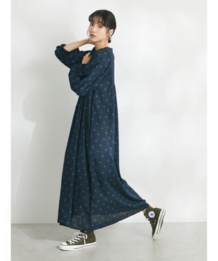 CRAFT STANDARD BOUTIQUE インド綿混キルト切替花柄ワンピース Navy