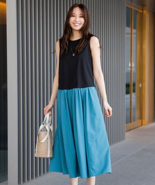 ICB 【人気のため新色追加・洗える】 ジャージコンビドレス ブラック×セルリアン系