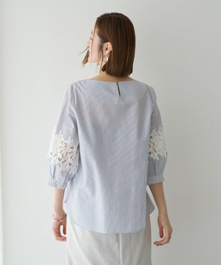 YECCA VECCA ストライプ柄レース切替ブラウス Off White