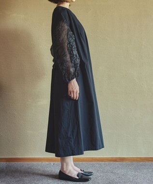 muuc キャッチ袖ワンピース〈日本製〉〈上品な透け感〉〈ベルト付きでAラインも〉〈体型カバー・フリーサイズ〉〈モードな異素材・オーガニックコットン使用〉 ブラック