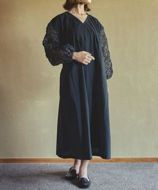 muuc キャッチ袖ワンピース〈日本製〉〈上品な透け感〉〈ベルト付きでAラインも〉〈体型カバー・フリーサイズ〉〈モードな異素材・オーガニックコットン使用〉