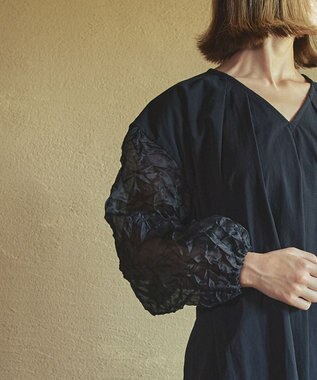 muuc キャッチ袖ワンピース〈日本製〉〈上品な透け感〉〈ベルト付きでAラインも〉〈体型カバー・フリーサイズ〉〈モードな異素材・オーガニックコットン使用〉 ブラック