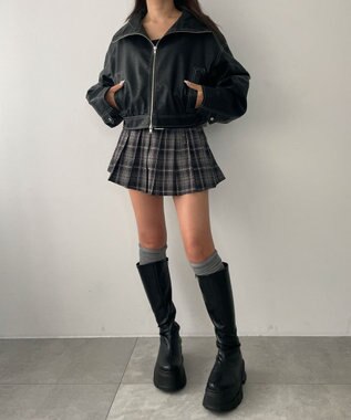 WEGO 配色ステッチWZIPショートブルゾン ブラック