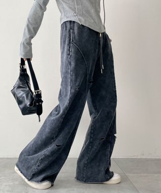 WEGO 【ウエストゴム】ヴィンテージウォッシュスウェットワイドパンツ ブラックその他