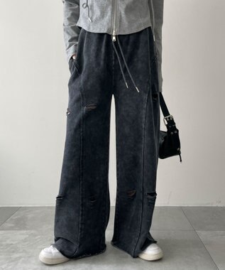 WEGO 【ウエストゴム】ヴィンテージウォッシュスウェットワイドパンツ ブラックその他
