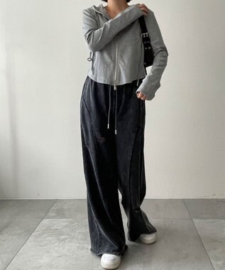 WEGO 【ウエストゴム】ヴィンテージウォッシュスウェットワイドパンツ ブラックその他