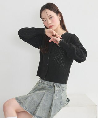 earth music&ecology シアースカラップ透かし編みカーディガン Black