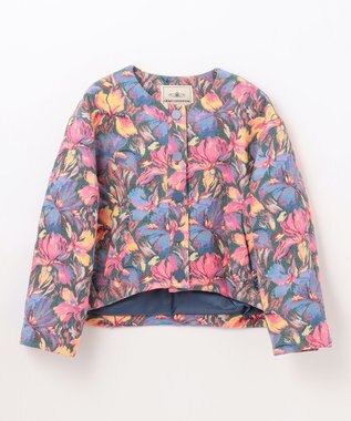 GRACE CONTINENTAL フラワージャガードノーカラージャケット ブルー