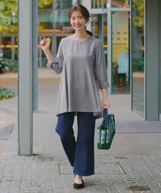 Tiaclasse L 【おのののかさん着用】半袖＆七分袖選べる袖丈バックフレアチュニック 七分袖ギンガムチェック小