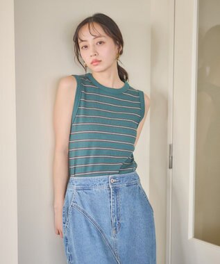 earth music&ecology リブタンクトップ Border Green
