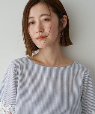 YECCA VECCA ストライプ柄レース切替ブラウス Off White
