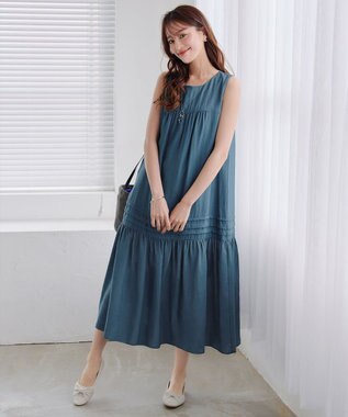 Tiaclasse 【小倉優子さん着用・洗える・XSサイズ】麻調ピンタックロングワンピース ブルー