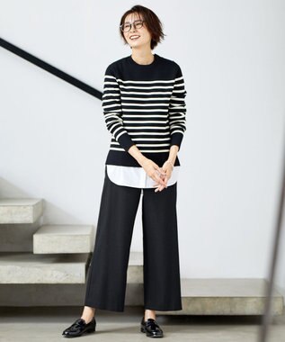 J.PRESS LADIES S 【洗える】LANTECシャークスキン セミワイド パンツ ネイビー系