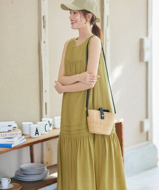 Tiaclasse 【小倉優子さん着用・洗える・XSサイズ】麻調ピンタックロングワンピース ライム
