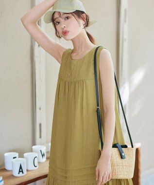 Tiaclasse 【小倉優子さん着用・洗える・XSサイズ】麻調ピンタックロングワンピース ライム