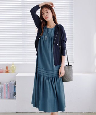 Tiaclasse 【小倉優子さん着用・洗える・XSサイズ】麻調ピンタックロングワンピース ブルー