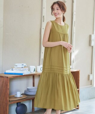 Tiaclasse 【小倉優子さん着用・洗える・XSサイズ】麻調ピンタックロングワンピース ライム