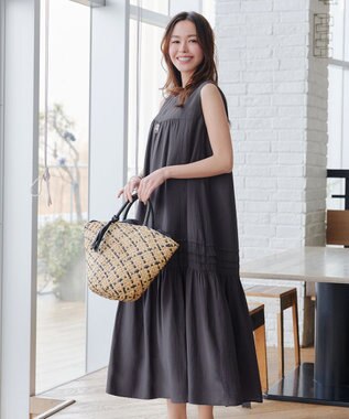 Tiaclasse 【小倉優子さん着用・洗える・XSサイズ】麻調ピンタックロングワンピース チャコールグレー