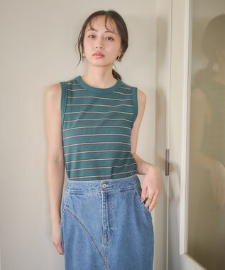 earth music&ecology リブタンクトップ Border Green