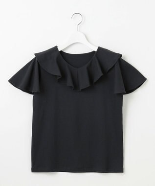 Feroux 【洗える・汗ジミが目立たない】ラッフル襟Tシャツ ブラック系