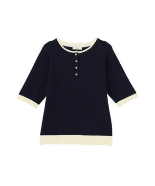 earth music&ecology ヘンリーネック半袖ニットプルオーバー Navy