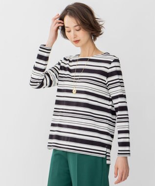 自由区 【洗える】コットンポンチボーダー クルーネック カットソー ネイビー系1