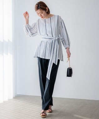 23区 【洗える】リネンレーヨンストレッチ ドロスト パンツ ネイビー系